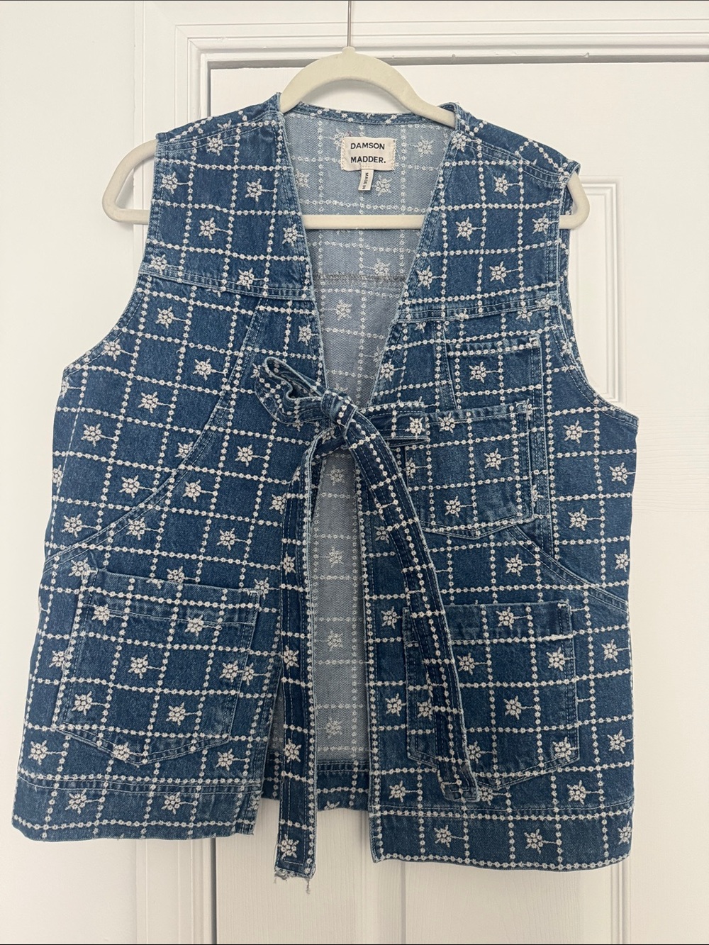 Damson Madder Blue Embroidered Denim Tie-Front Vest - Picture 1 of 5